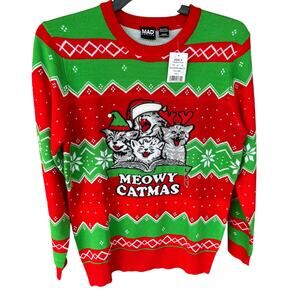 Meowy Catmas Faire Isle Ugly Christmas Holiday Sweater Singing Cats Mens L NWT